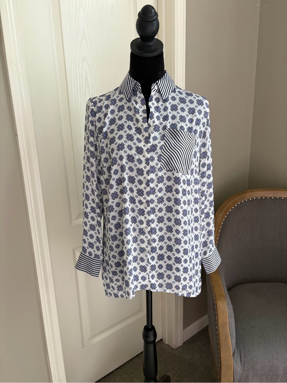 Chico's White and Navy Floral Button-Down Shirt